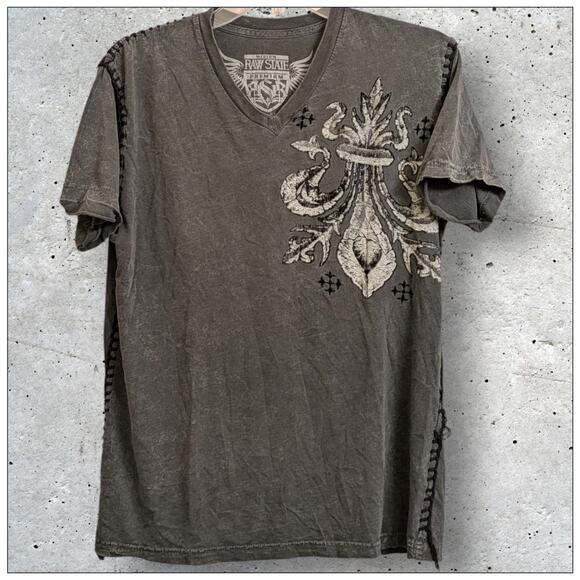 Vintage Affliction RAW STATE Fleur de Lis Wings Gray Shirt Black Stitch Detail M - Picture 1 of 6